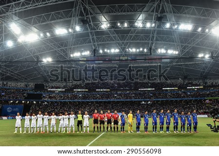 Kallang,Singapore - JUNE 15:Players of of Thailand  and Myanmar line up during the 28th SEA Games Singapore 2015 match between Thailand and Myanmar at Singapore National Stadium on JUNE15 2015