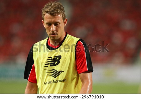 BANGKOK THAILAND JULY 14:Lucas Leiva of Liverpool in action during friendly match Thailand All-Stars and Liverpool at Rajamangala Stadium on July 14, 2015 in Bangkok,Thailand.