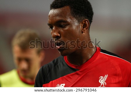 BANGKOK THAILAND JULY 14:Andre Wisdom of Liverpool in action during friendly match Thailand All-Stars and Liverpool at Rajamangala Stadium on July 14, 2015 in Bangkok,Thailand.