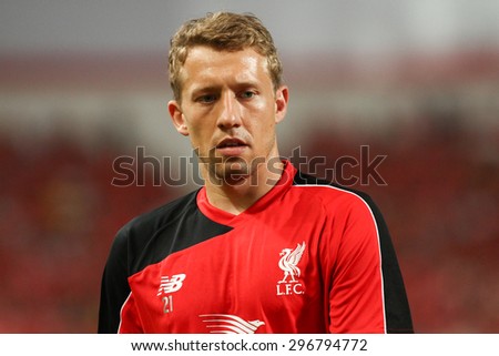 BANGKOK THAILAND JULY 14:Lucas Leiva of Liverpool in action during friendly match Thailand All-Stars and Liverpool at Rajamangala Stadium on July 14, 2015 in Bangkok,Thailand.