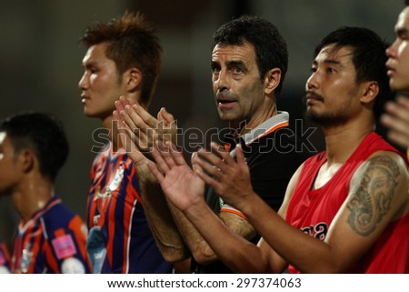 BANGKOK THAILAND- JULY 15 :Gary Stevens(Black) of Thai Port Fc thank fans Thai Premier League between Thai Port Fc and Nakhon Ratchasima F.C. at PAT Stadium on July15,2015 in Bangkok Thailand