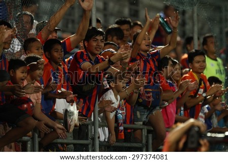 BANGKOK THAILAND- JULY 15 :Unidentified fans of Thai Port Fc in action during Thai Premier League between Thai Port Fc and Nakhon Ratchasima F.C. at PAT Stadium on July15,2015 in Bangkok Thailand