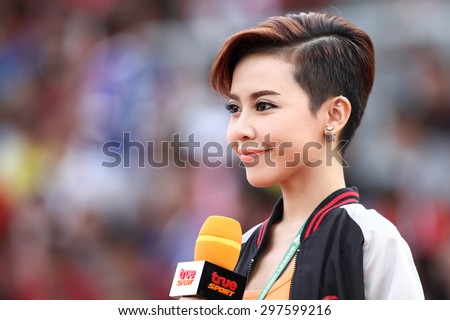 SARABURI THAILAND- JULY18:Nutlada Korsuwan of announcer with True Sports TV during Thai Premier League between Saraburi Fc and Buriram United at Saraburi Stadium on July18,2015 in Saraburi Thailand