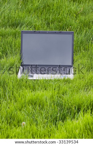 laptop in the grass with gray color on display,working in nature, aiming high , free communication