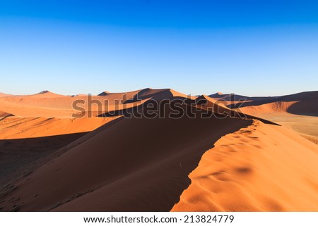 Reaching top red dune of always shifting sand. Sossusvlei, Namibia, Africa.