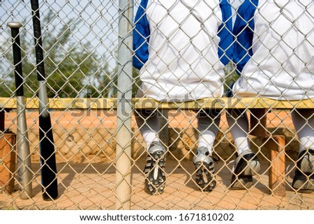 Rear view youth baseball team sitting on bench