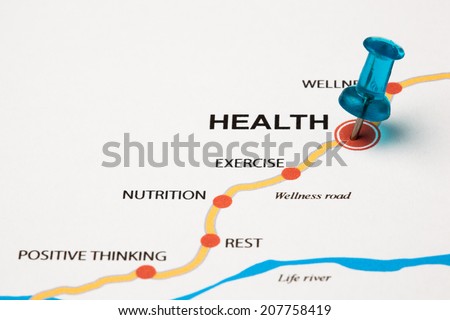 Health as target in the wellness road. Conceptual image where the cities are the principles that lead to the health target. Selective focus on the thumbtack.