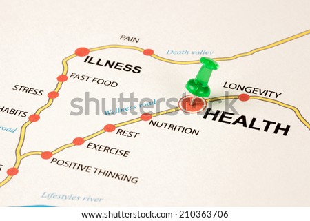 Health as target in the wellness road. Conceptual image where the cities are the principles that lead to the health target. Selective focus on the thumbtack.