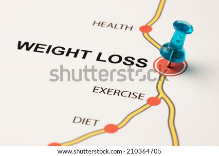 Weight loss as target of a map where cities in the road are diet and exercise. Conceptual image. Selective focus on thumbtack.
