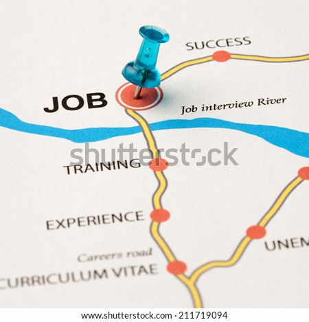 Job as target in the careers road. Conceptual image where the cities are the means that lead to the job target. Selective focus on the thumbtack.
