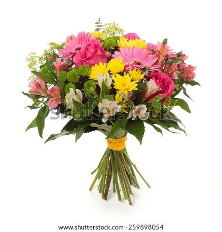 bouquet made of  Alstroemeria, Gerber, Rose and Chrysanthemum flowers isolated on white.