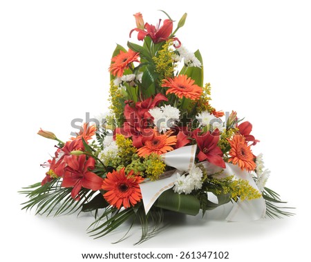 Funeral flowers arrangement made of Lily, Chrysanthemum and Gerber flowers.