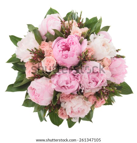 Bouquet made of Peony, Rose and Lilac flowers seen from above.