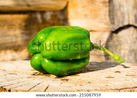 Green pepper  lies on a cut tree