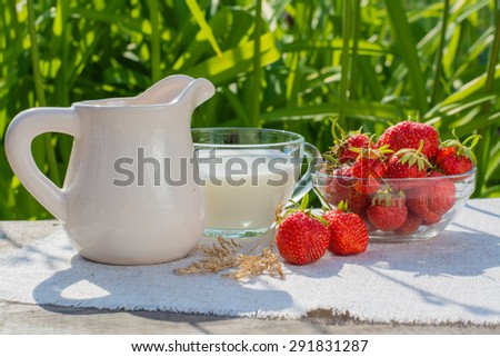 Bowl of strawberries, a cup of milk, a pitcher on a napkin on a grass background
