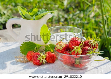 Bowl of strawberries, a cup of milk, a pitcher of strawberry leaves on a napkin on a wooden table on a background of green