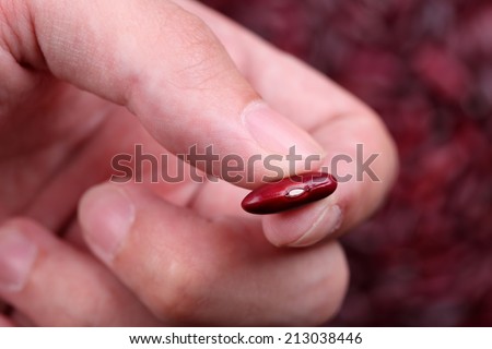Kidney bean in the fingers above kidney bean background. Background out of focus. Close-up.