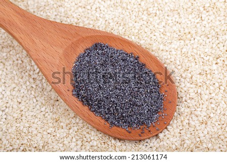 Poppy seeds  in a wooden spoon on sesame seed background. Close-up.