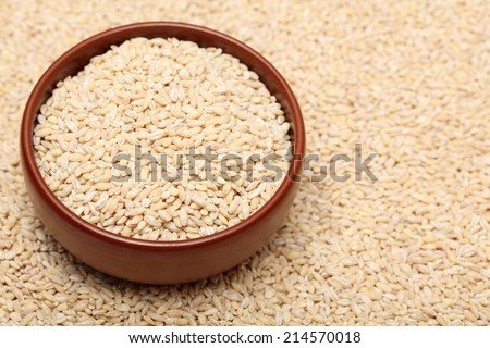 Pearl barley in bowl on pearl barley background. Closeup.