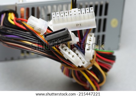 Closeup of cables with connectors of PC power supply