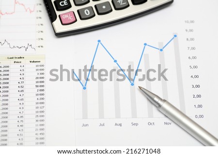 Financial data. Calculator, pen, and financial statement.