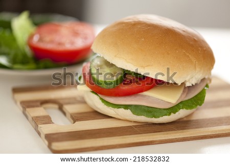 Homemade hamburger. Fresh ingredients only: Tomato, Cucumber, Cheese,  Lettuce, Turkey breast ham, Bun.