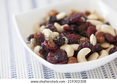 Dried nuts and berries mix in a bowl.