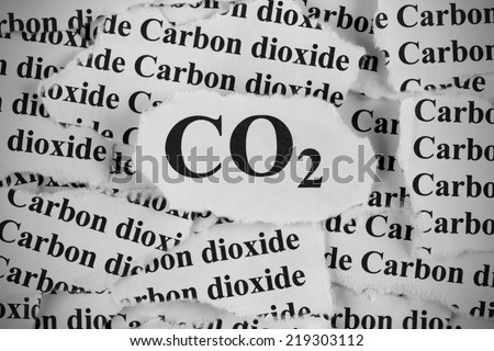 Carbon Dioxide. Torn pieces of paper with the words \