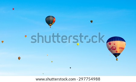 Elk, Poland - July 18, 2015: baloons hanging on the air during VIII Masurian Balloon Competition.