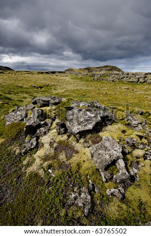 Volcanic landscape in Iceland, lava covered with moss