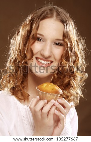 beautiful laughing woman with cake