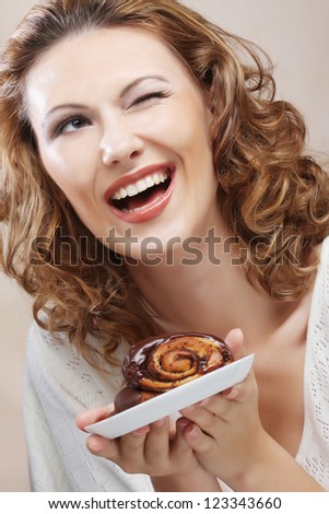 happy laughing woman with cake