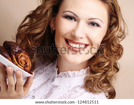 happy laughing woman with cake