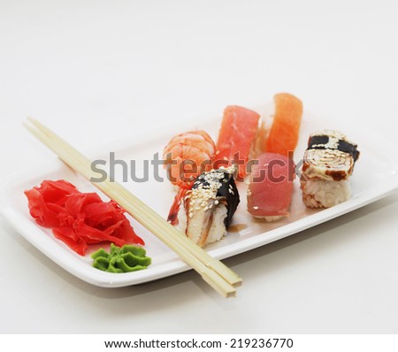 sushi on white plate, good japanese food.