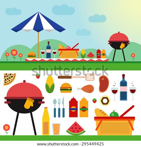 Summer picnic in meadow with umbrella, basket with food, fruits, barbecue. Vector flat illustrations and set of elements