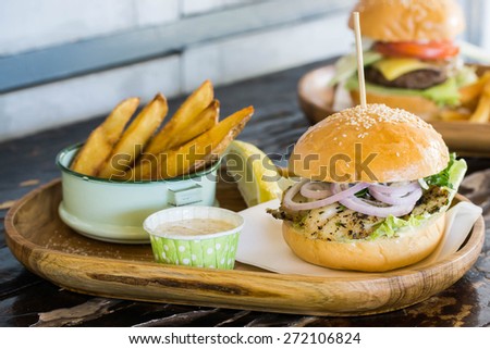Burgers, Signature Burger, Burger and chips