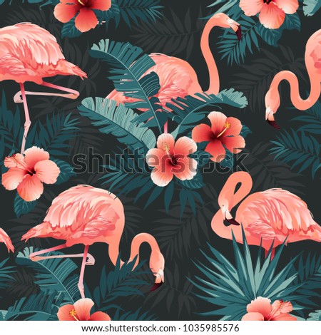 Beautiful Flamingo Bird Tropical Flowers Background. Seamless pattern vector.