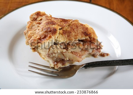 Slice of delicious fresh baked Rustic Apple Pie on white china plate