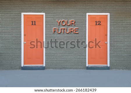 Concept of Choice - Two orange doors on classic motel wall illustrating a decision