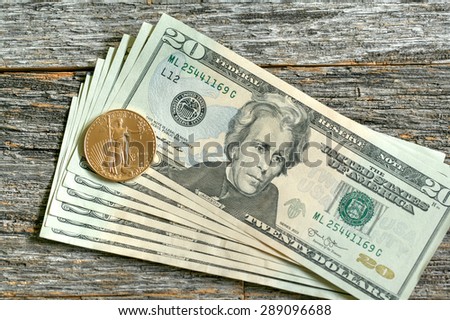 US Paper Money - 20 Dollar Bills and Gold Liberty Dollar Coin