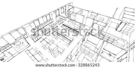 Sketch line from computer generation of the modern interior office in black line on white background