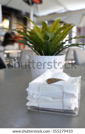 napkin paper holder with fake plants on the dining table