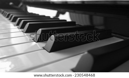 Piano keys side view with shallow depth of field