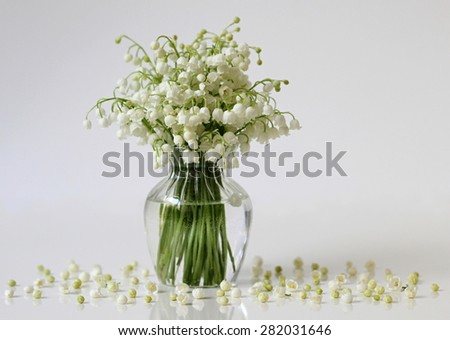 Still life with bouquet of Lilies of the valley in a vase. Bouquet of spring flowers.