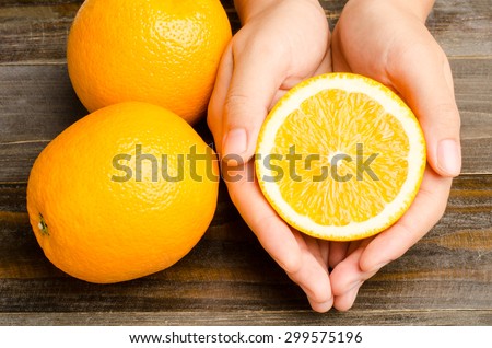 Fresh Navel orange fruit is holding by hand on wooden background,healthy food