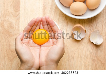 Egg yolk separate on the hand for cooking,food ingredient
