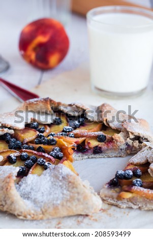 cut biscuits with peach and blueberry  with a glass of milk