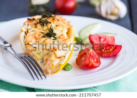 stuffed zucchini with chicken and vegetables, horizontally