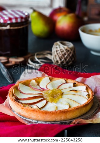 apple tart on a sand base with pear jam and caramel,french baking