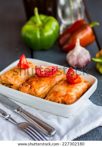 stuffed cabbage with meat and fresh tomatoes in white bowl, Ukrainian cuisine